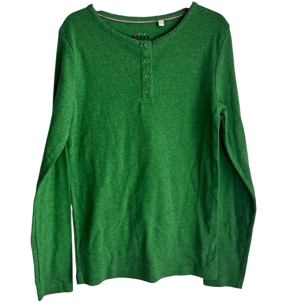 Mini Boden Green Long Sleeve Henley Top Textured Pointelle Knit Size 13-14Y